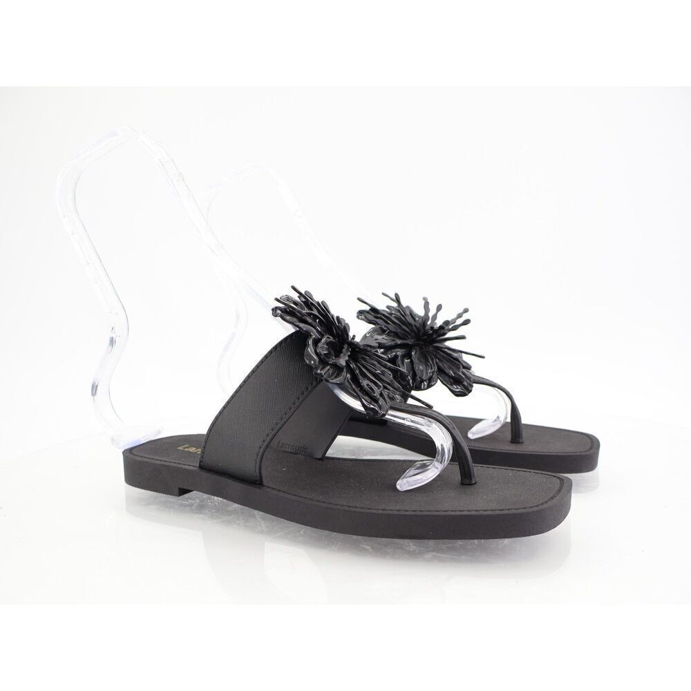 Larroude Hibiscus Sandals Slide Thong Size 6/7 Black Slip On Rubber Beach